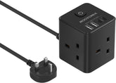 Black power adapter with multiple outlets and USB ports on a white background